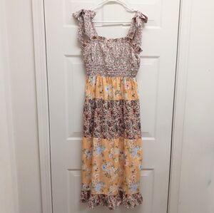 ​Adelyn Rae Luana Midi Dress Patchwork Cottagecore Floral Smocked Boho Small